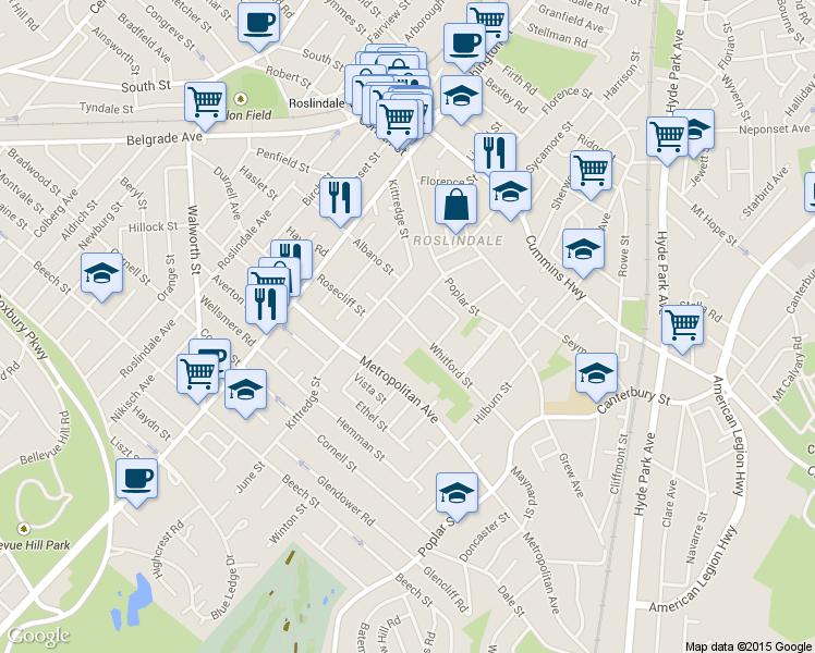 map of restaurants, bars, coffee shops, grocery stores, and more near 38 Whitford Street in Boston