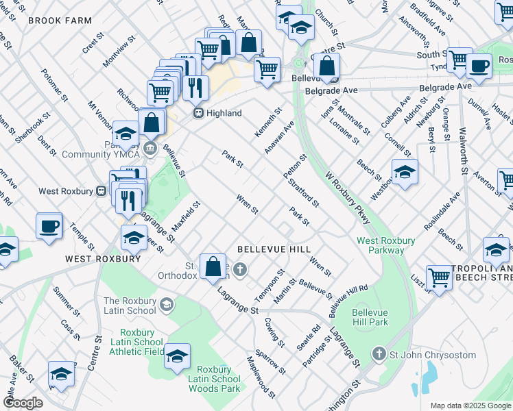 map of restaurants, bars, coffee shops, grocery stores, and more near 65 Wren Street in Boston