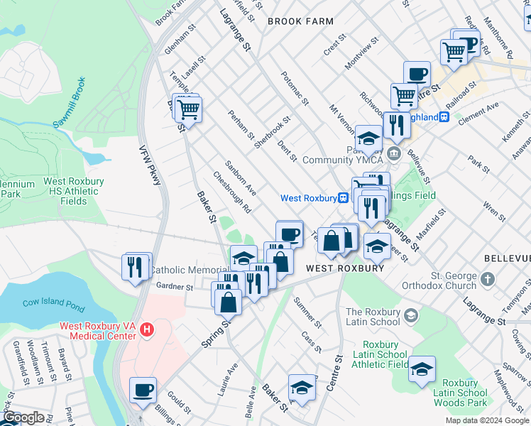 map of restaurants, bars, coffee shops, grocery stores, and more near 44 Sanborn Avenue in Boston