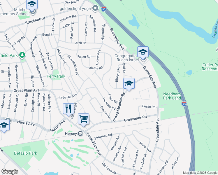 map of restaurants, bars, coffee shops, grocery stores, and more near 36 Rockwood Lane in Needham