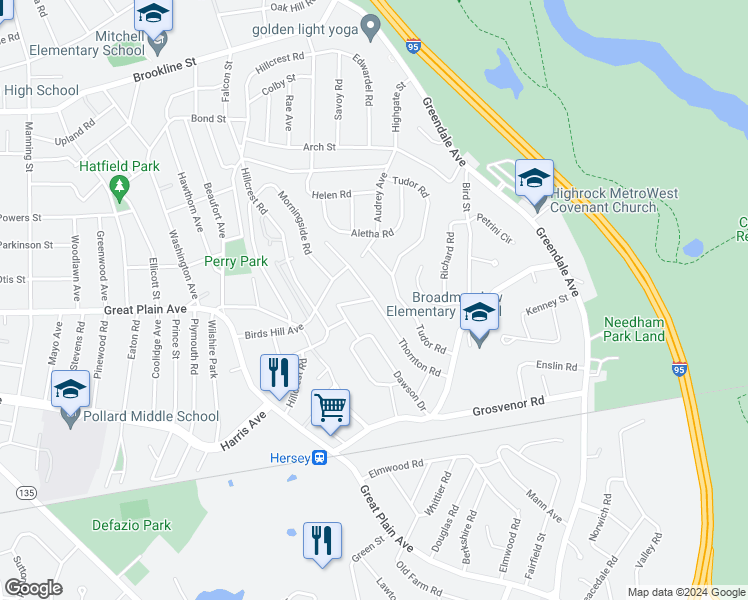 map of restaurants, bars, coffee shops, grocery stores, and more near 87 Thornton Road in Needham