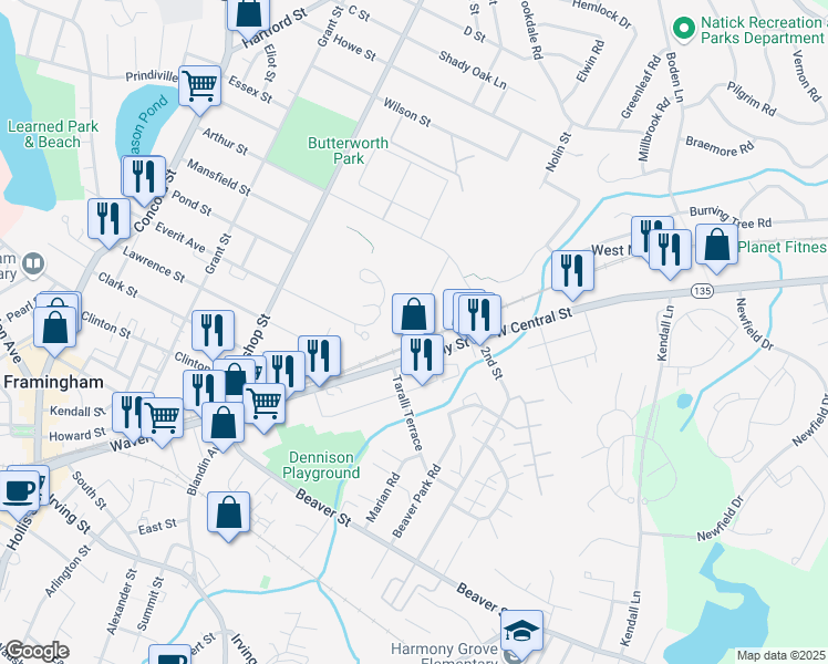 map of restaurants, bars, coffee shops, grocery stores, and more near 45 Waverly Street in Framingham