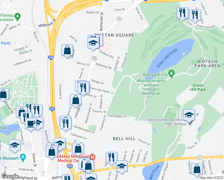 map of restaurants, bars, coffee shops, grocery stores, and more near 115 Green Hill Parkway in Worcester