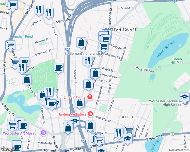 map of restaurants, bars, coffee shops, grocery stores, and more near 177 Lincoln Street in Worcester