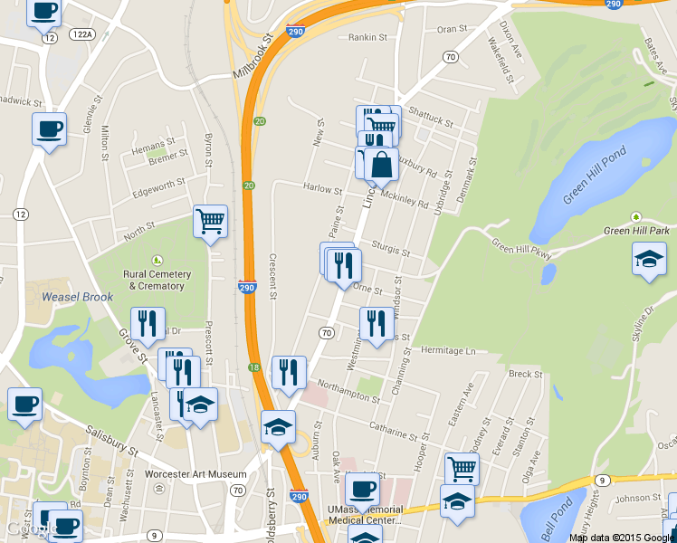map of restaurants, bars, coffee shops, grocery stores, and more near 177 Lincoln Street in Worcester