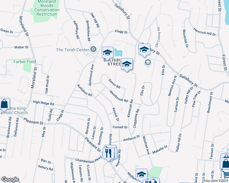 map of restaurants, bars, coffee shops, grocery stores, and more near 21 Westbrook Road in Worcester