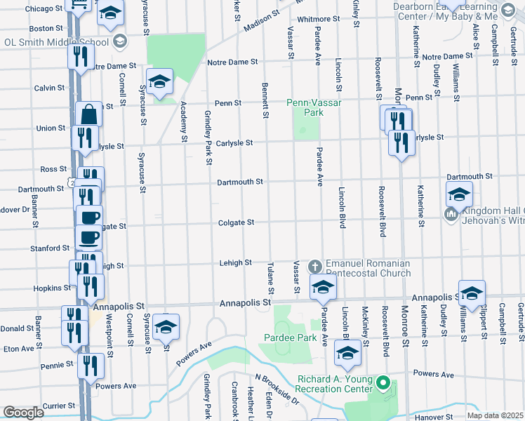 map of restaurants, bars, coffee shops, grocery stores, and more near 4007 Tulane Street in Dearborn Heights