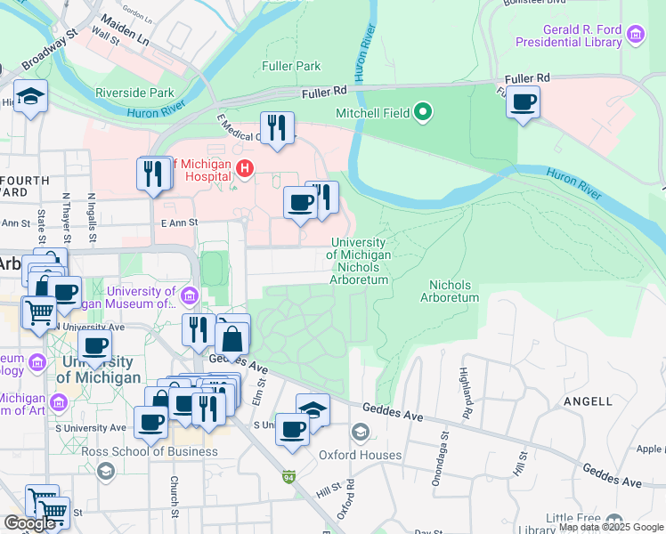 map of restaurants, bars, coffee shops, grocery stores, and more near 1412-1430 Washington Heights in Ann Arbor