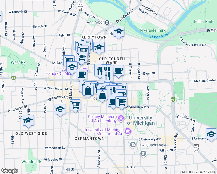 map of restaurants, bars, coffee shops, grocery stores, and more near in Ann Arbor