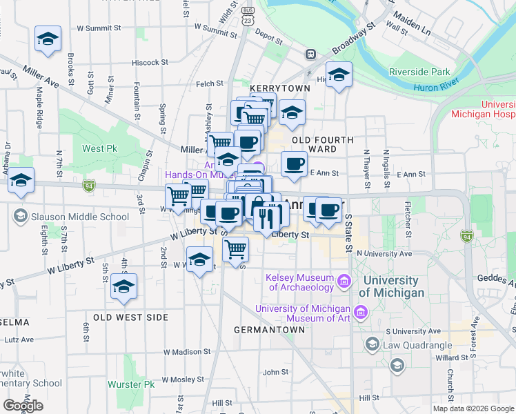 map of restaurants, bars, coffee shops, grocery stores, and more near 217 East Washington Street in Ann Arbor