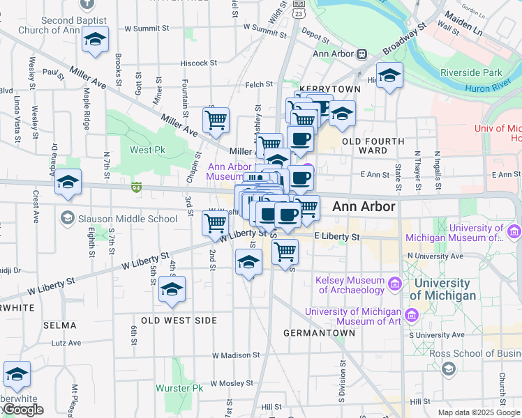 map of restaurants, bars, coffee shops, grocery stores, and more near 126 South Main Street in Ann Arbor
