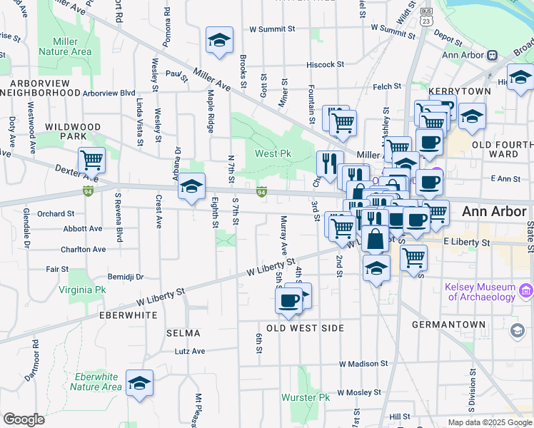 map of restaurants, bars, coffee shops, grocery stores, and more near 805 West Washington Street in Ann Arbor