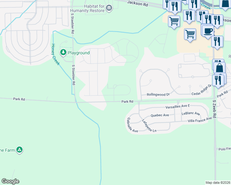 map of restaurants, bars, coffee shops, grocery stores, and more near 6058-6476 Park Rd in Ann Arbor