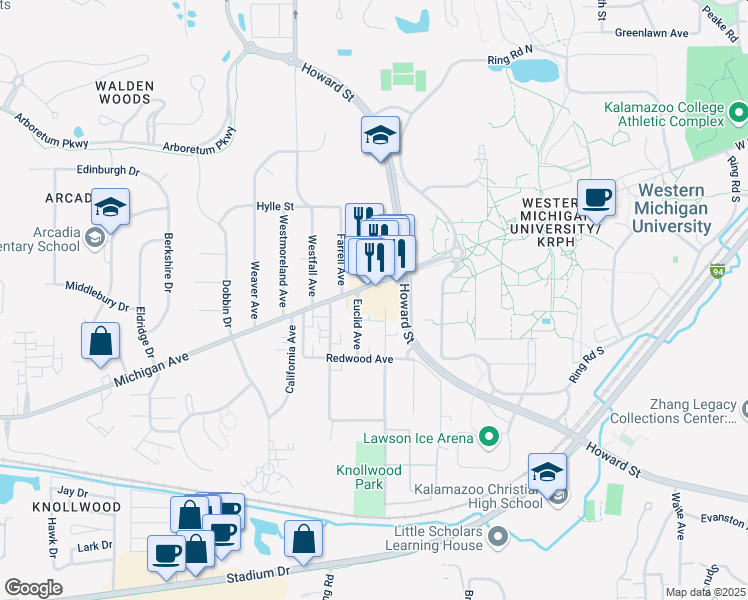 map of restaurants, bars, coffee shops, grocery stores, and more near 1108 Lafayette Avenue in Kalamazoo