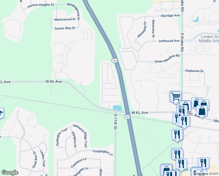 map of restaurants, bars, coffee shops, grocery stores, and more near 5400-5520 Redcoat Lane in Kalamazoo