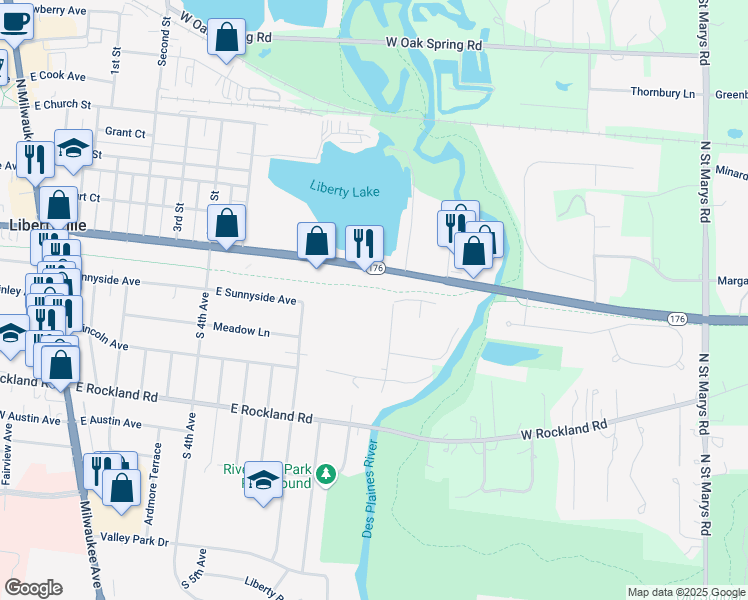 map of restaurants, bars, coffee shops, grocery stores, and more near North Shore Bike Path in Libertyville