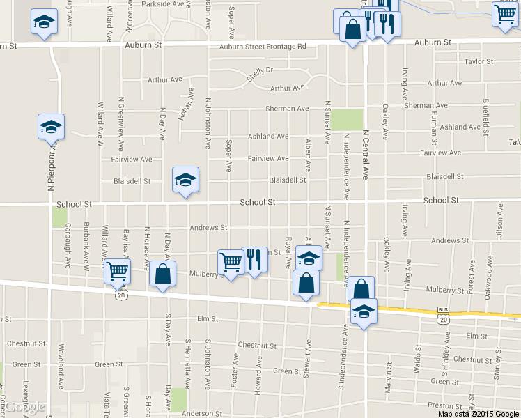 map of restaurants, bars, coffee shops, grocery stores, and more near 2210 School Street in Rockford