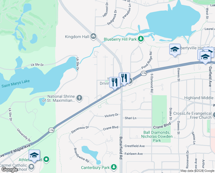 map of restaurants, bars, coffee shops, grocery stores, and more near 121 Kenloch Avenue in Libertyville