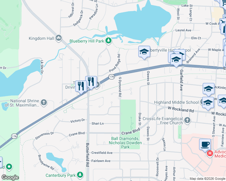 map of restaurants, bars, coffee shops, grocery stores, and more near 1014 Gracewood Drive in Libertyville