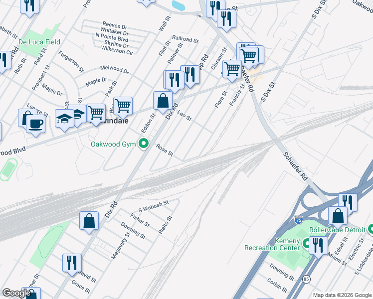 map of restaurants, bars, coffee shops, grocery stores, and more near 17647 Flora Street in Melvindale