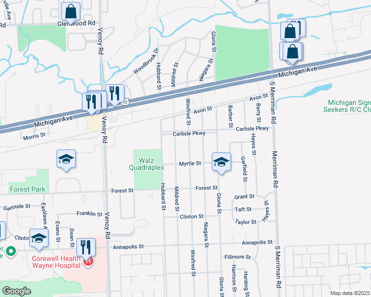 map of restaurants, bars, coffee shops, grocery stores, and more near 3817 Mildred Street in Wayne