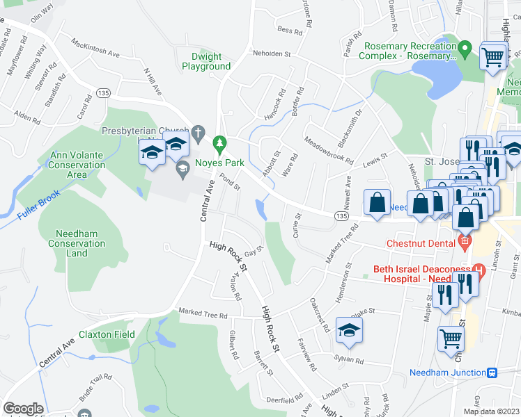 map of restaurants, bars, coffee shops, grocery stores, and more near 1346 Great Plain Avenue in Needham