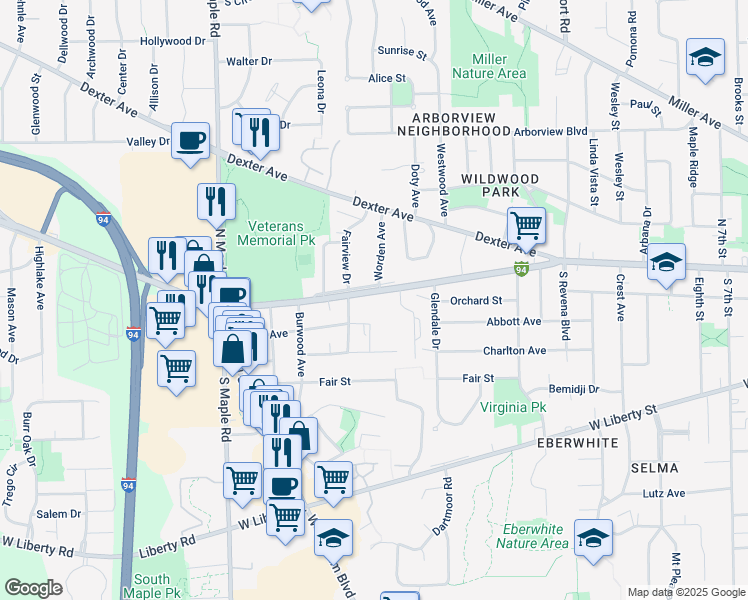 map of restaurants, bars, coffee shops, grocery stores, and more near 2045 Jackson Avenue in Ann Arbor