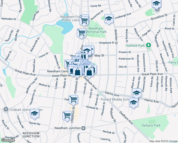map of restaurants, bars, coffee shops, grocery stores, and more near 921 Great Plain Avenue in Needham