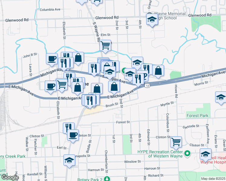 map of restaurants, bars, coffee shops, grocery stores, and more near 34841 Veterans Plaza in Wayne