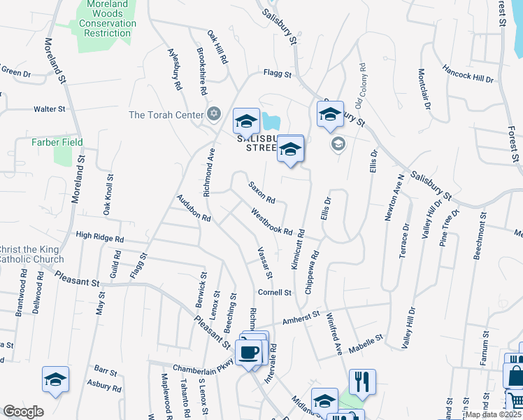 map of restaurants, bars, coffee shops, grocery stores, and more near 21 Westbrook Road in Worcester