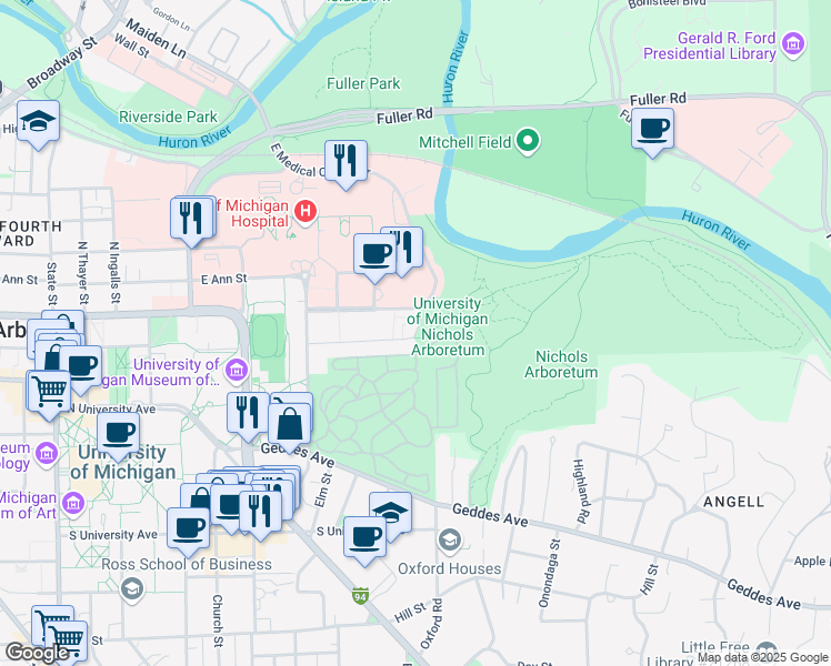 map of restaurants, bars, coffee shops, grocery stores, and more near 1447 Washington Heights in Ann Arbor