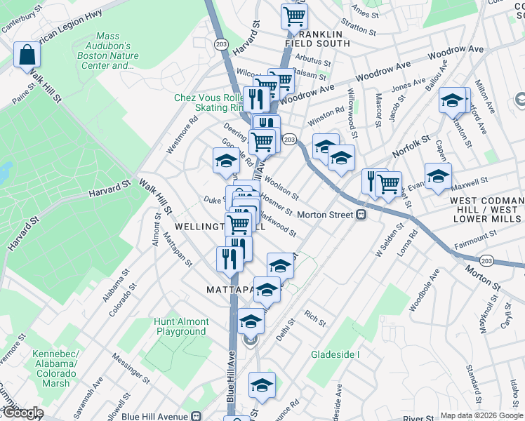 map of restaurants, bars, coffee shops, grocery stores, and more near 32 Clarkwood Street in Boston