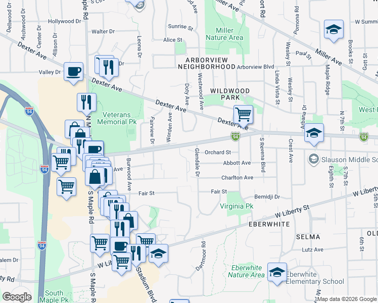 map of restaurants, bars, coffee shops, grocery stores, and more near 1910 Old Orchard Court in Ann Arbor