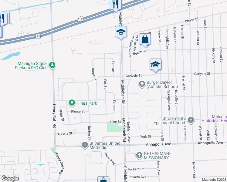 map of restaurants, bars, coffee shops, grocery stores, and more near 3927 Fox Street in Inkster