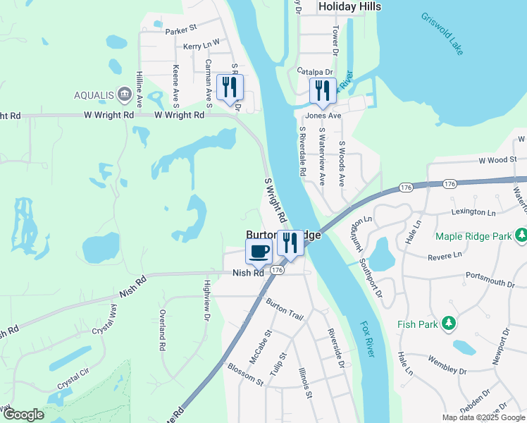 map of restaurants, bars, coffee shops, grocery stores, and more near 3410 Riverside Drive in McHenry