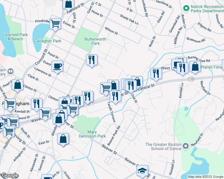 map of restaurants, bars, coffee shops, grocery stores, and more near 27 Willis Street in Framingham