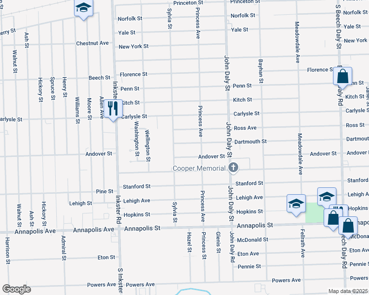 map of restaurants, bars, coffee shops, grocery stores, and more near 26986 Andover Street in Inkster