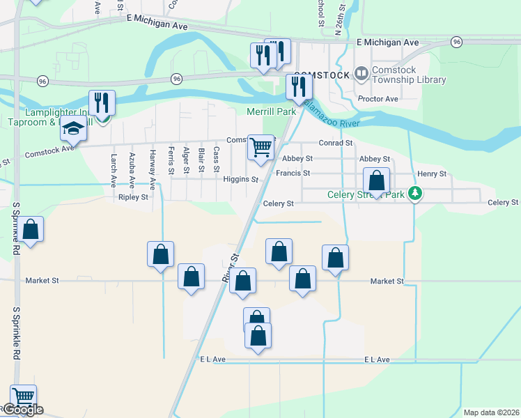 map of restaurants, bars, coffee shops, grocery stores, and more near 5828 Celery Street in Kalamazoo