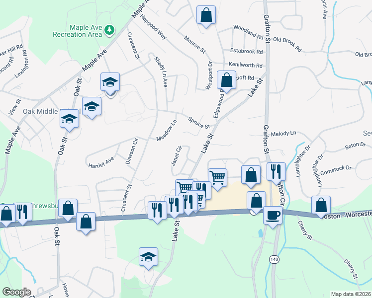 map of restaurants, bars, coffee shops, grocery stores, and more near 44 Janet Circle in Shrewsbury