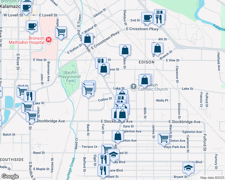 map of restaurants, bars, coffee shops, grocery stores, and more near 1101 Portage Street in Kalamazoo