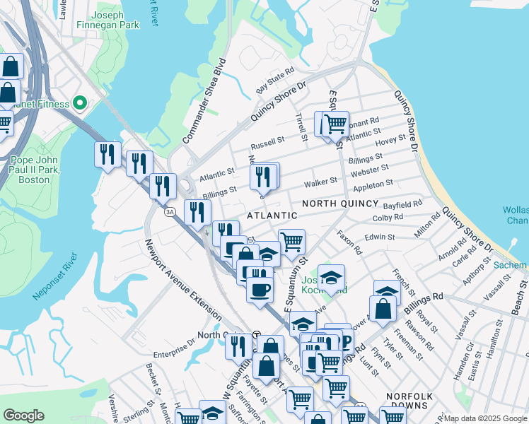map of restaurants, bars, coffee shops, grocery stores, and more near 74 Young Street in Quincy