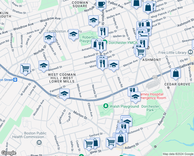 map of restaurants, bars, coffee shops, grocery stores, and more near 20 Ogden Street in Boston