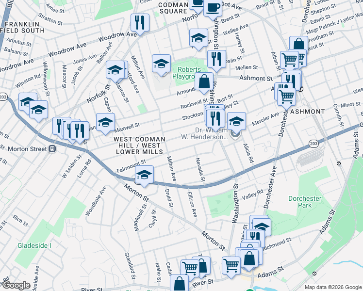 map of restaurants, bars, coffee shops, grocery stores, and more near 78 Fairmount Street in Boston