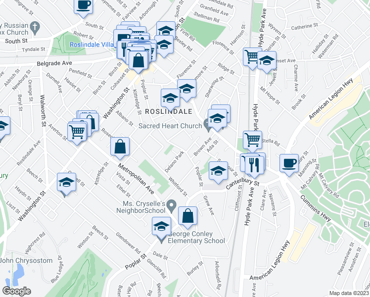 map of restaurants, bars, coffee shops, grocery stores, and more near 4 Delano Park in Boston