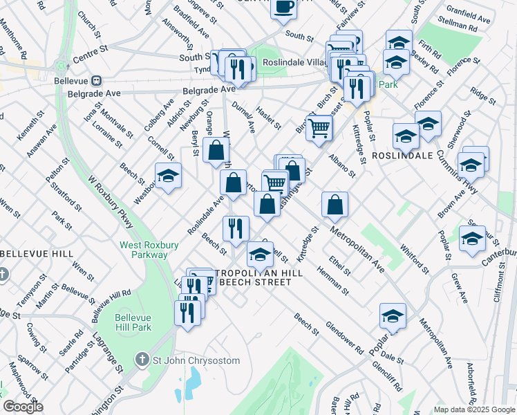 map of restaurants, bars, coffee shops, grocery stores, and more near 41 Wellsmere Road in Boston