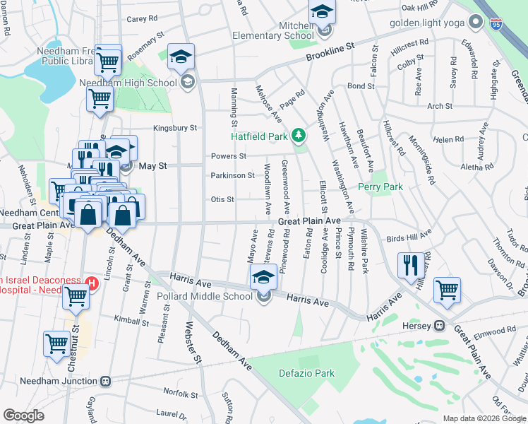 map of restaurants, bars, coffee shops, grocery stores, and more near 79 Woodlawn Avenue in Needham