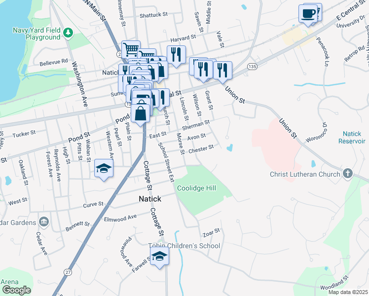 map of restaurants, bars, coffee shops, grocery stores, and more near 4 Allen Street in Natick