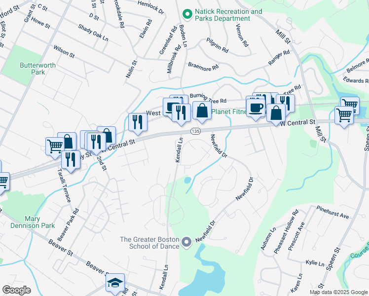 map of restaurants, bars, coffee shops, grocery stores, and more near 10 Village Green Lane in Natick