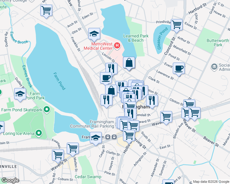 map of restaurants, bars, coffee shops, grocery stores, and more near 115 Franklin Street in Framingham