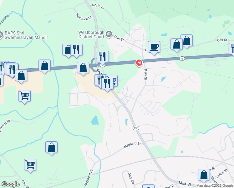 map of restaurants, bars, coffee shops, grocery stores, and more near 151 Milk Street in Westborough